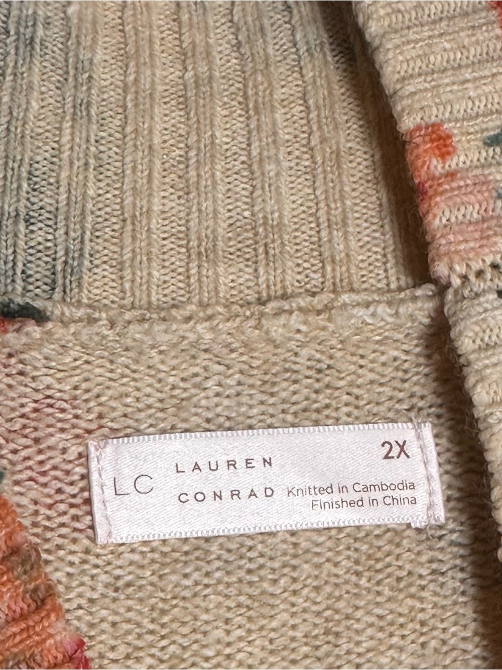 LC Lauren Conrad Beige Crewneck Sweater with Coral Floral Print - Picture 3 of 6